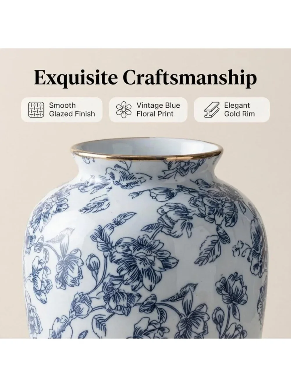 Vintage Blue and White Chinoiserie Ceramic Vase - Antique Floral Home Decor 9in